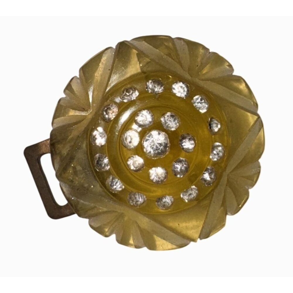 Vintage bakelite celluloid Yellow Art Deco Belt Buckle With Rhinestone Accents
